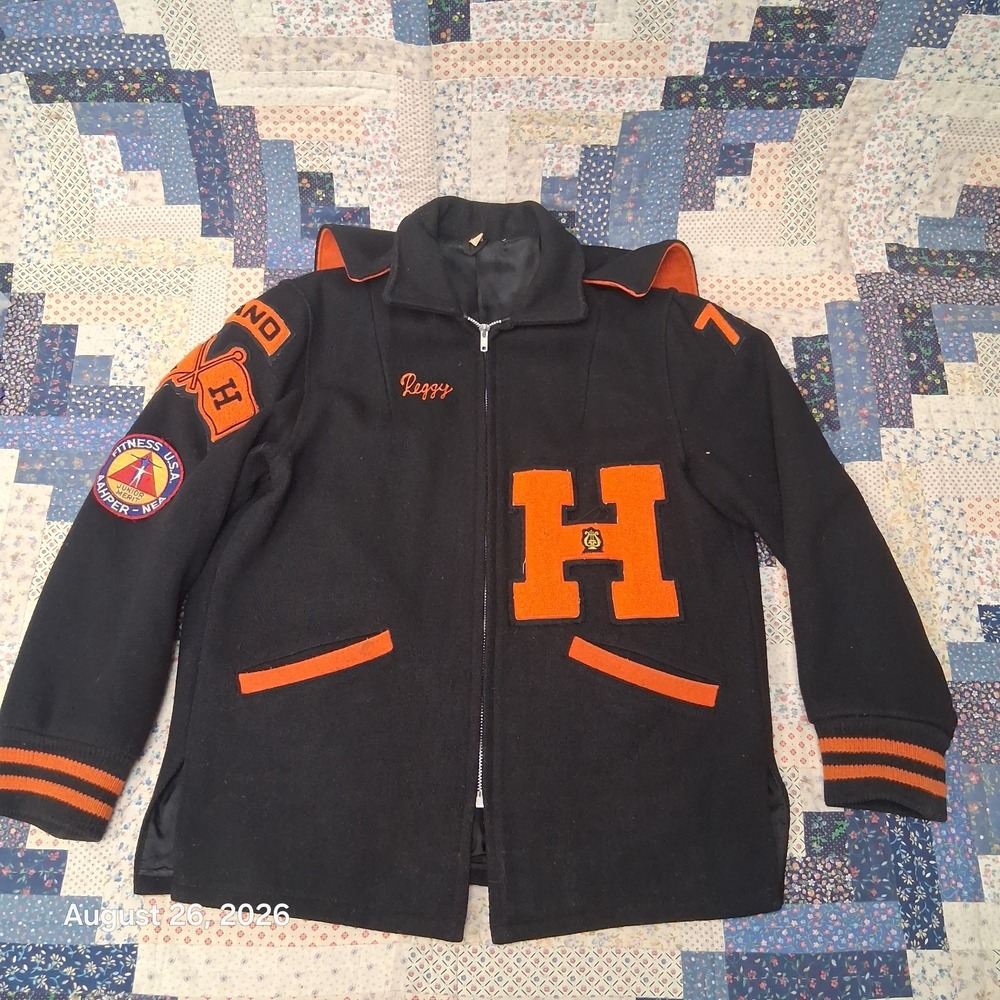 True Vintage 70s Humboldt HS Varsity Letterman Jacket Womens Large Black Orange